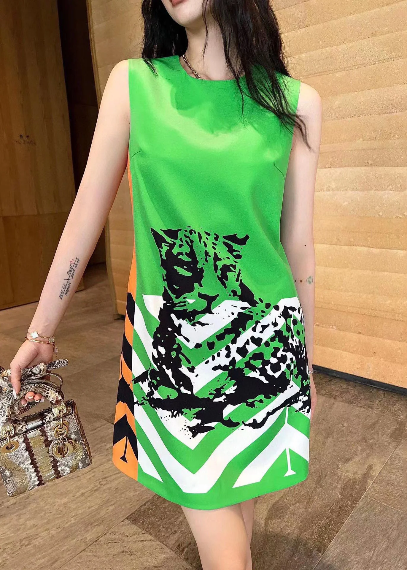 New Green O Neck Zippered Print Cotton Mid Dress Sleeveless - Image 2