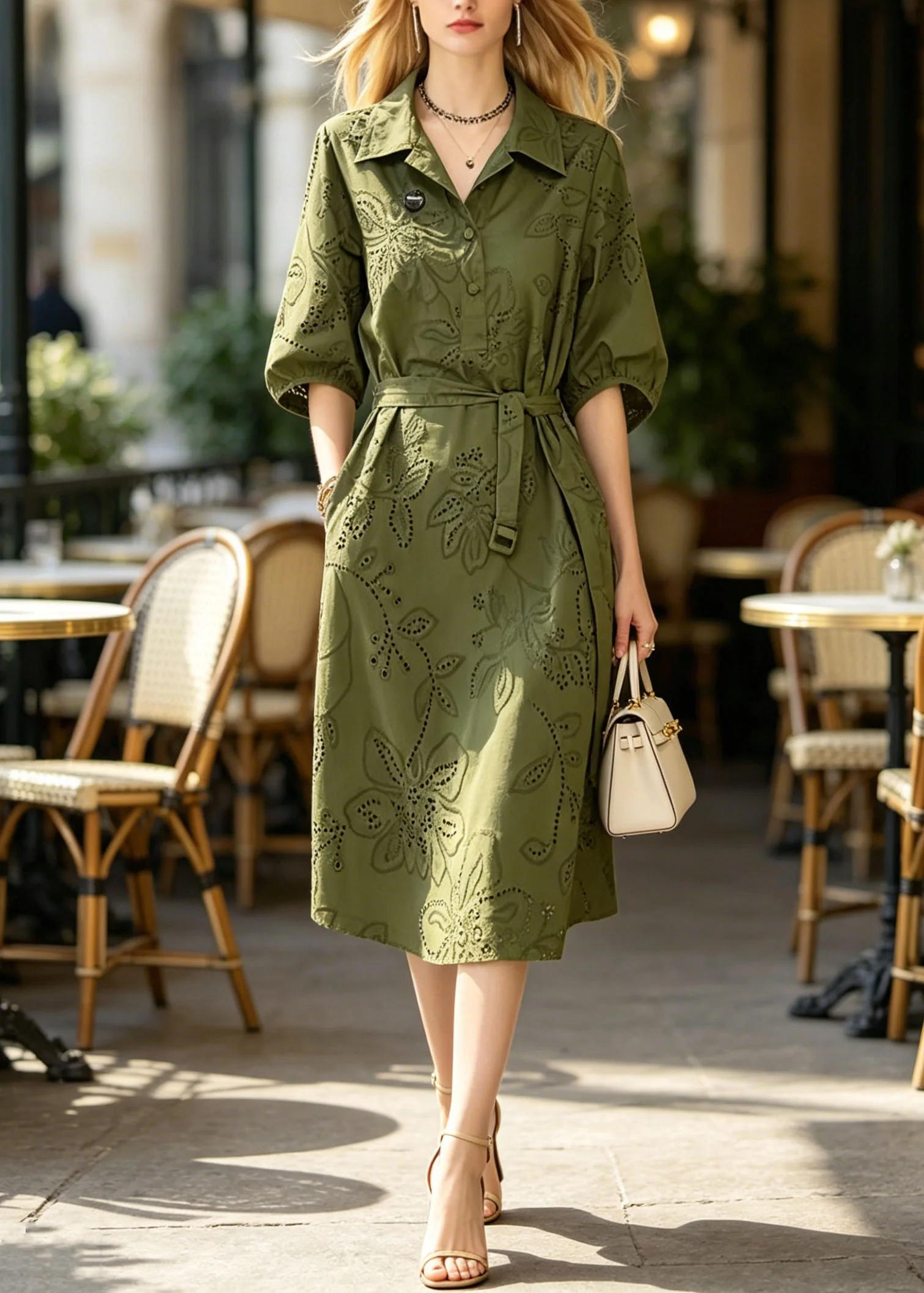 New Green Peter Pan Collar Hollow Out Cotton Dresses Summer - Image 3