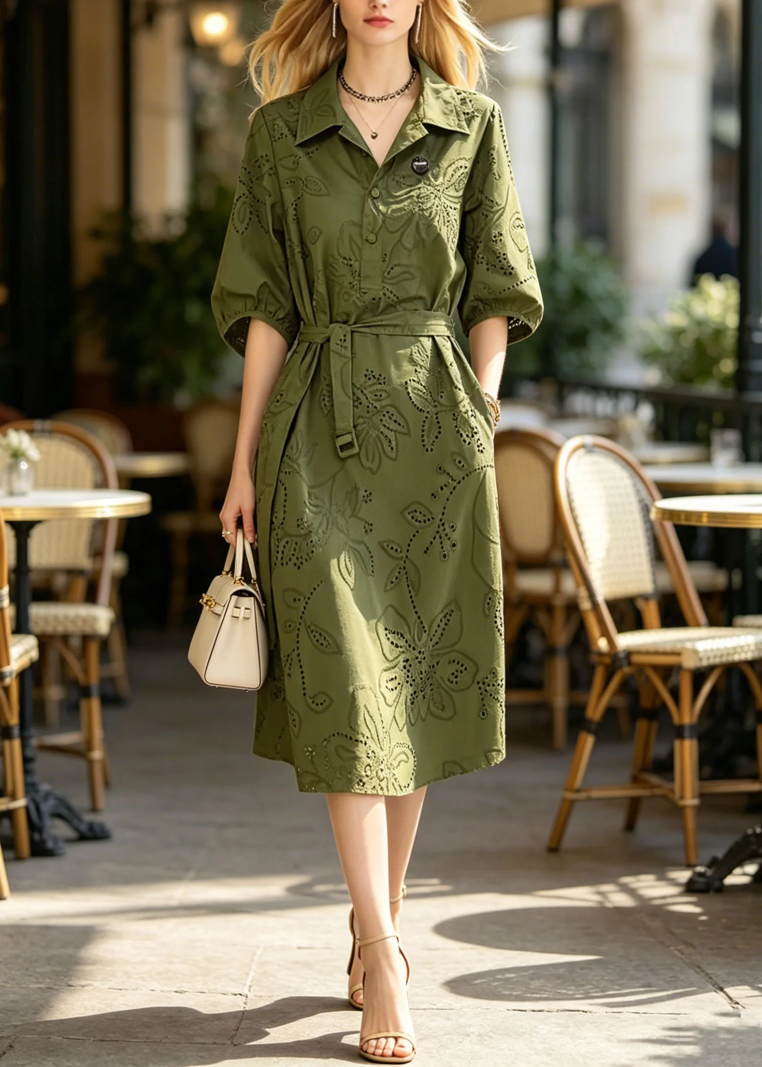 New Green Peter Pan Collar Hollow Out Cotton Dresses Summer - Image 5