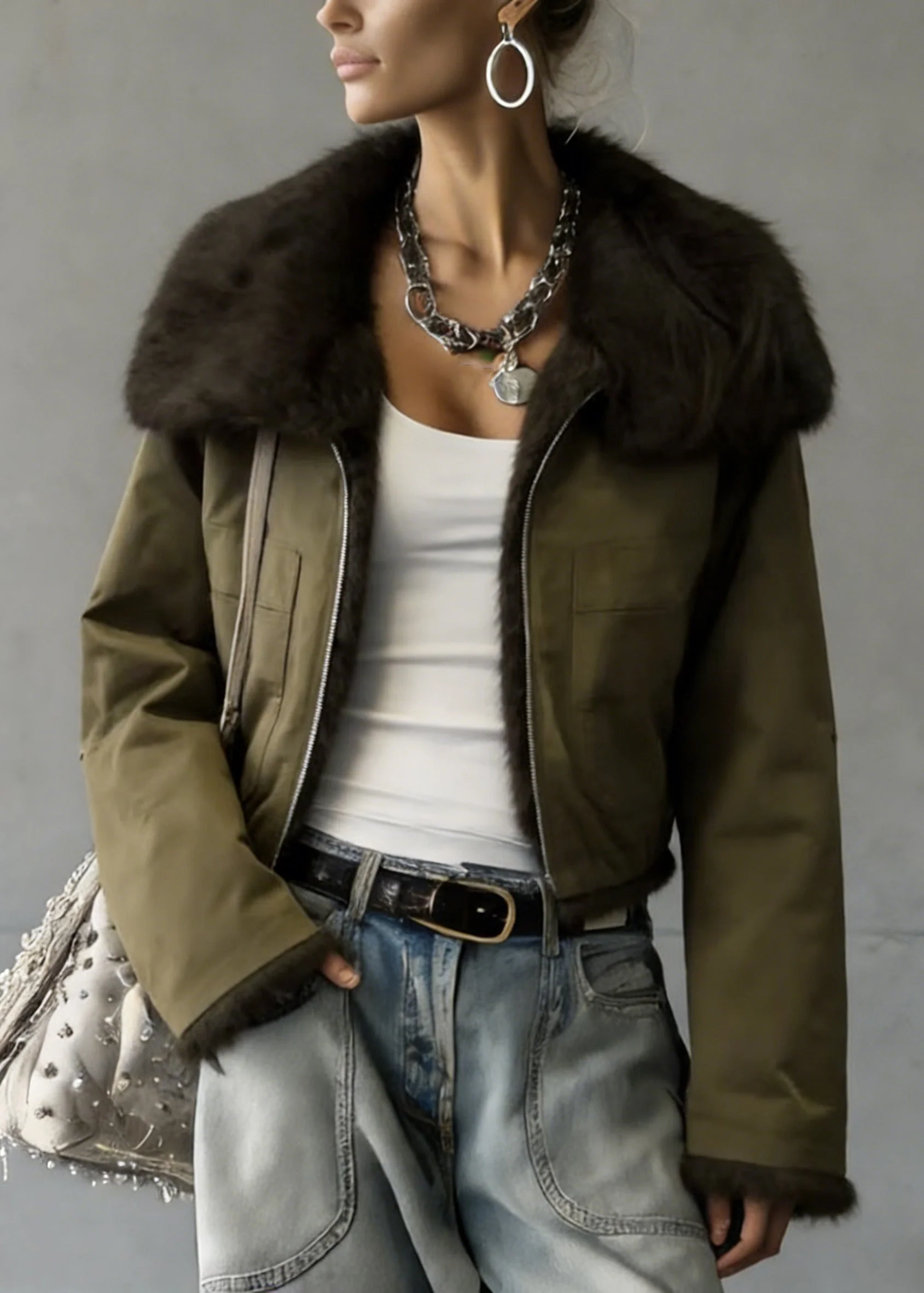 New Green Peter Pan Collar Wear On Both Sides Faux Fur Jacket Winter - Image 3