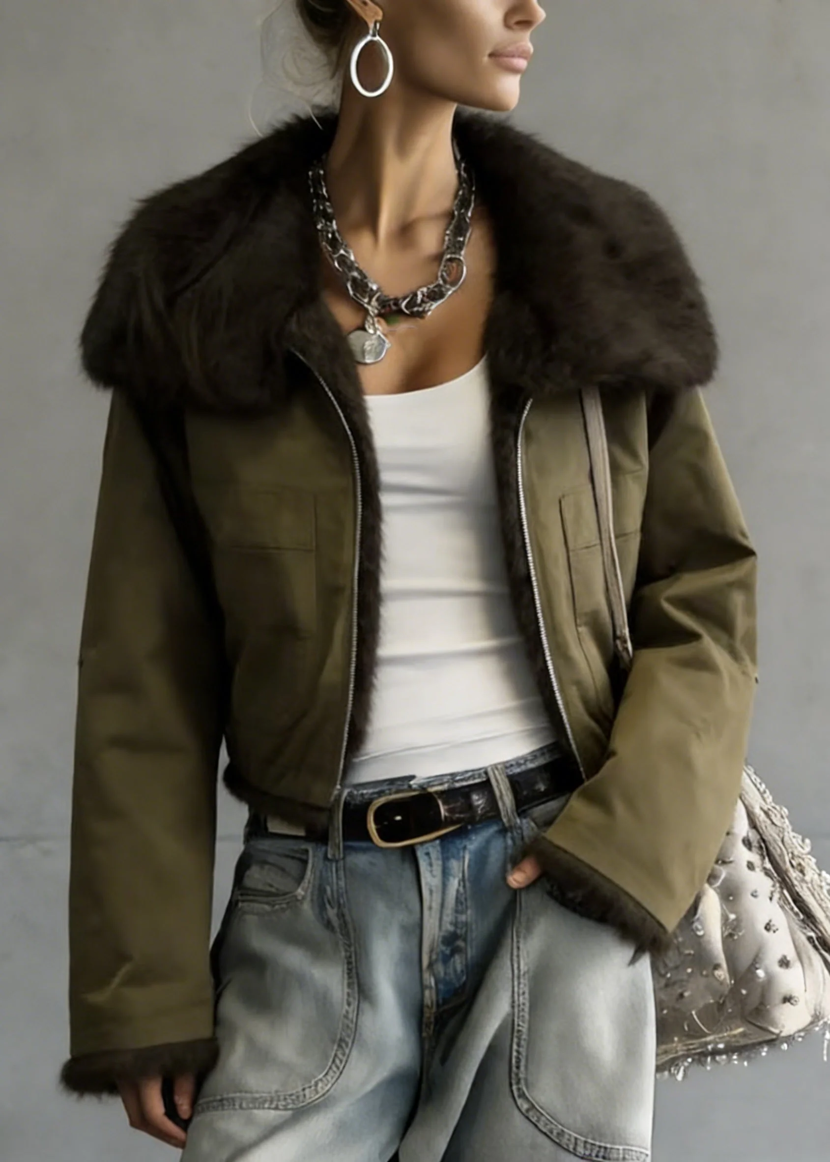 New Green Peter Pan Collar Wear On Both Sides Faux Fur Jacket Winter - Image 5