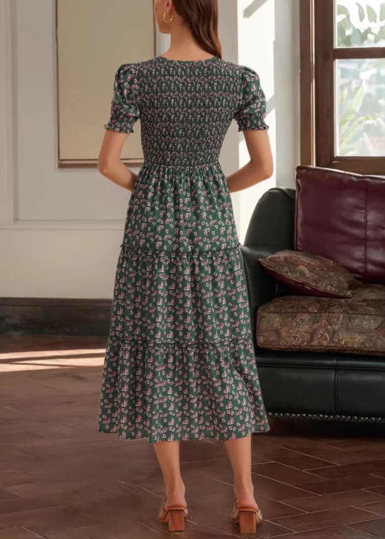 New Green Print High Waist Cotton Long Dresses Summer - Image 2