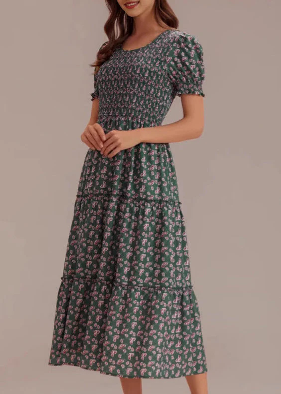 New Green Print High Waist Cotton Long Dresses Summer - Image 3