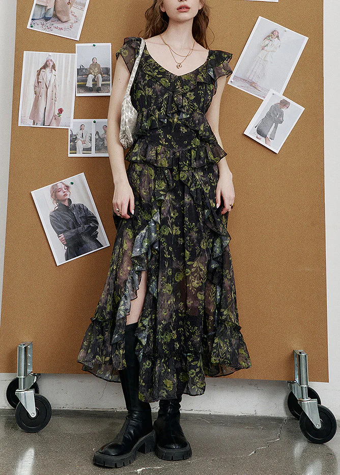 New Green Print Side Open Chiffon Long Dresses Summer - Image 2