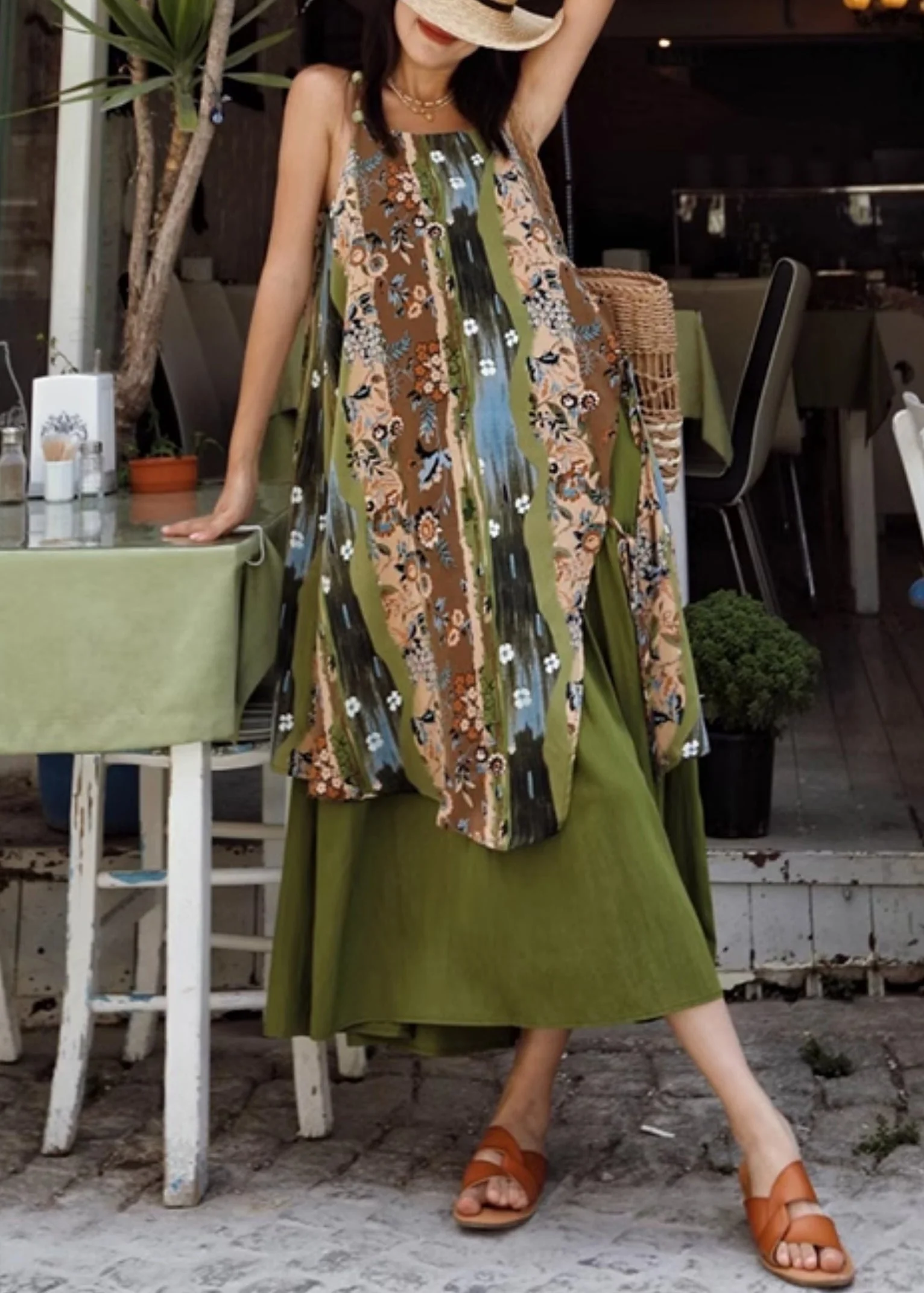 New Green Print Side Open Patchwork Cotton Spaghetti Strap Dress Sleeveless - Image 2