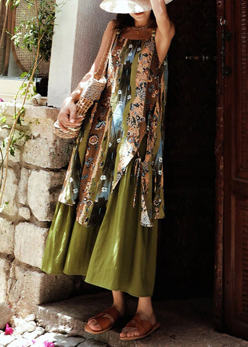 New Green Print Side Open Patchwork Cotton Spaghetti Strap Dress Sleeveless - Image 3