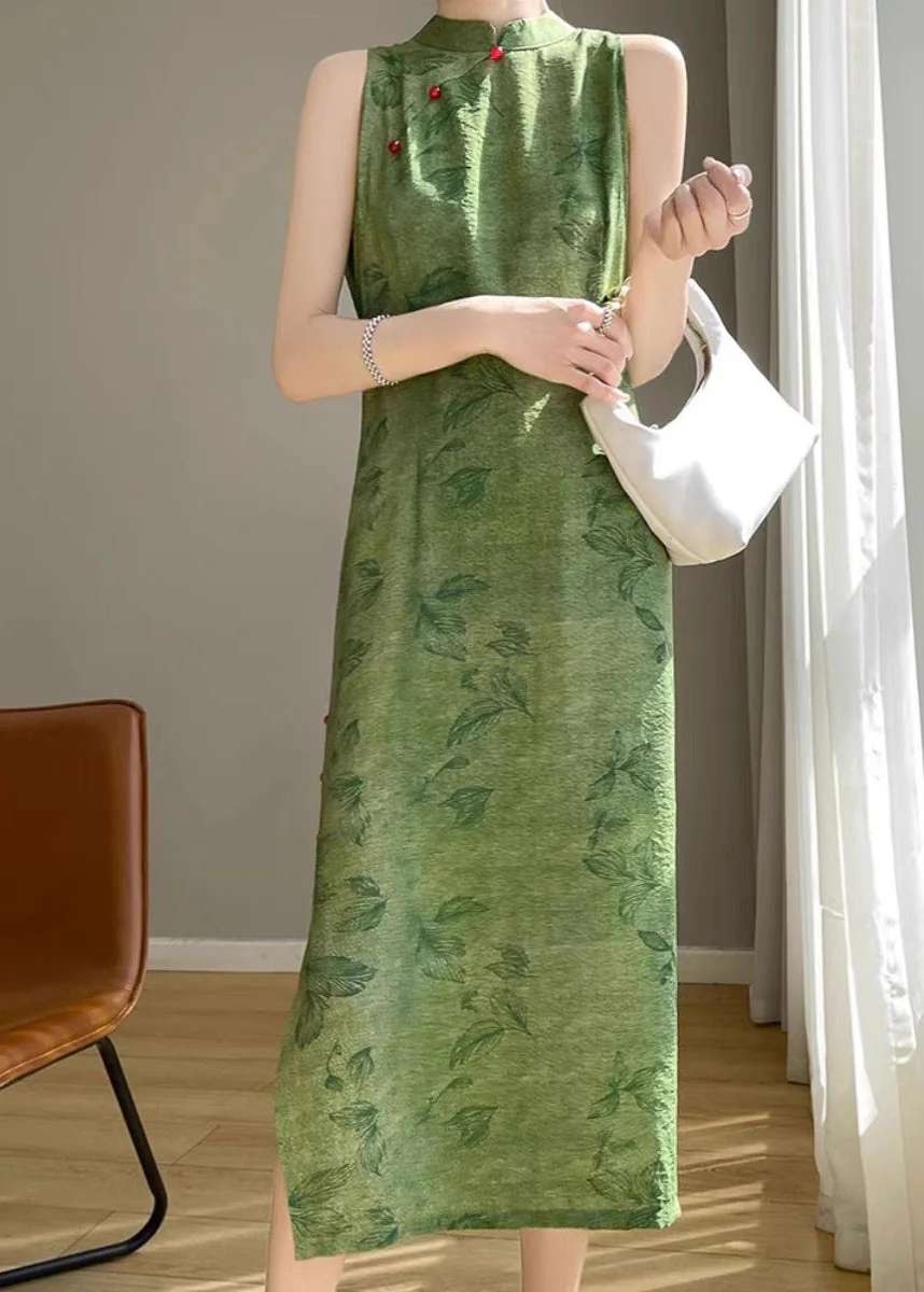 New Green Print Side Open Silk Cotton Long Dress Sleeveless - Image 2