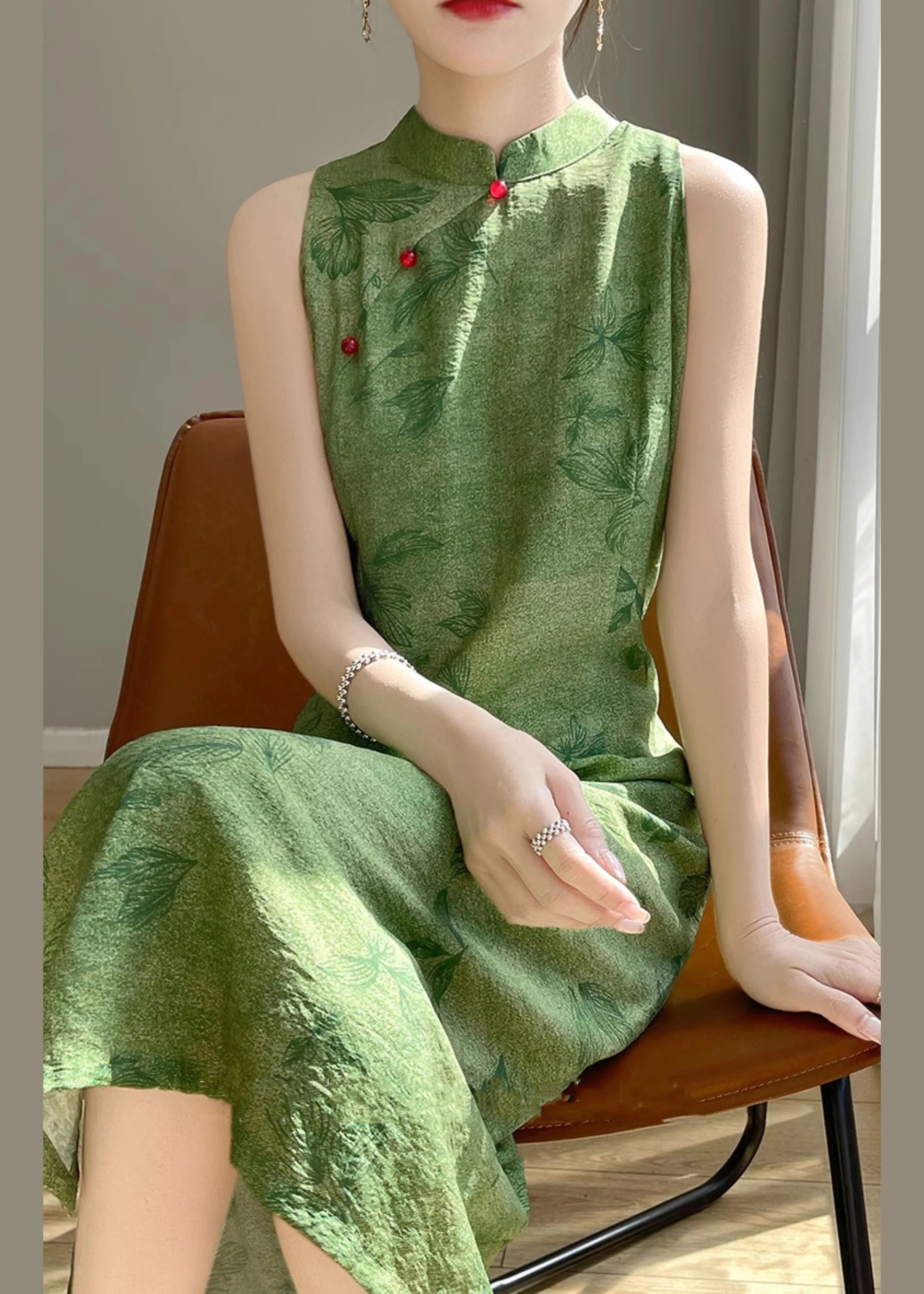 New Green Print Side Open Silk Cotton Long Dress Sleeveless - Image 3