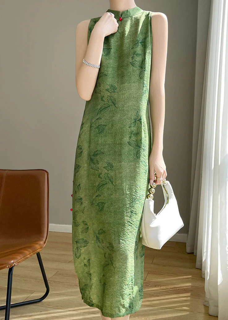 New Green Print Side Open Silk Cotton Long Dress Sleeveless - Image 4