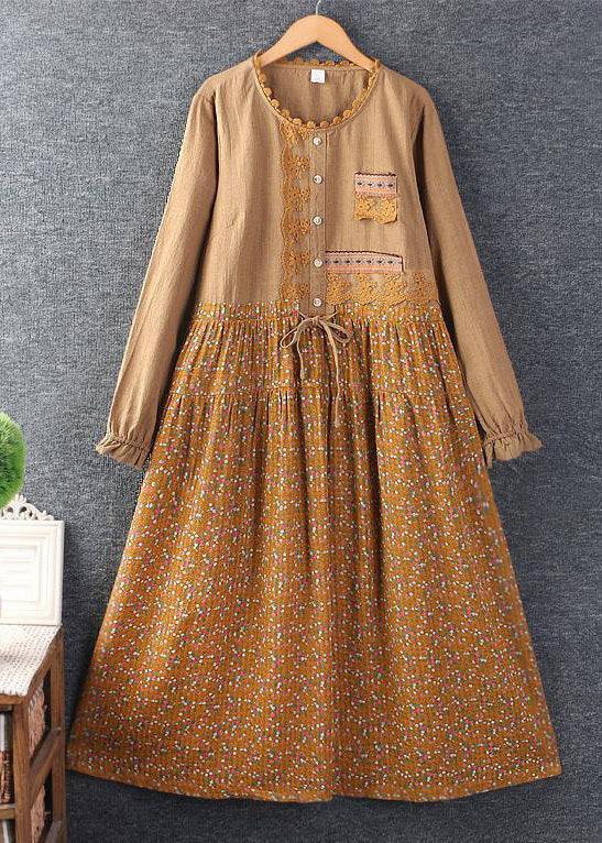 New Green Print Tie Waist Patchwork Cotton Dress Long Sleeve - Image 2