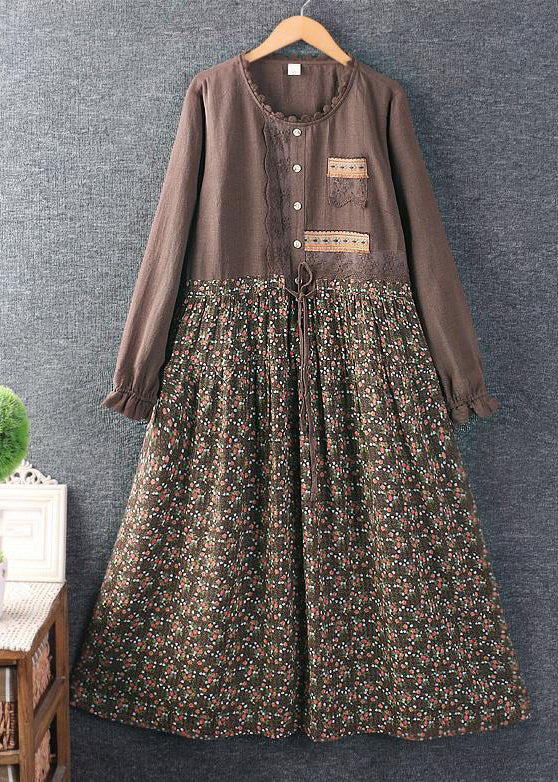 New Green Print Tie Waist Patchwork Cotton Dress Long Sleeve - Image 3