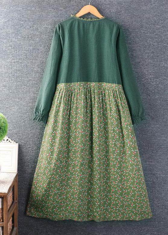 New Green Print Tie Waist Patchwork Cotton Dress Long Sleeve - Image 4