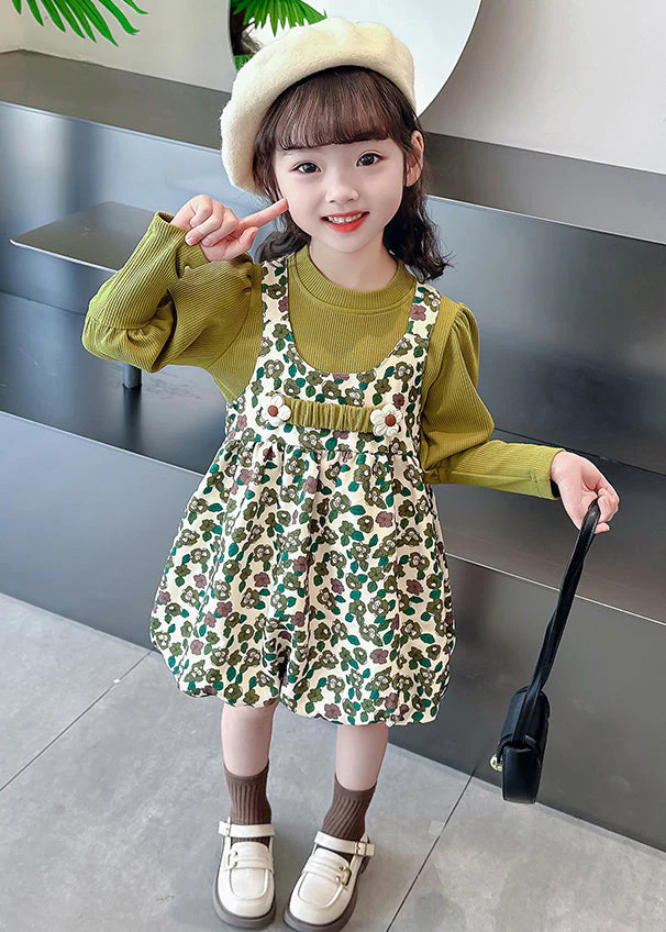 New Green Print Tops And Dress Cotton Girls Two Pieces Set Long Sleeve - Image 2