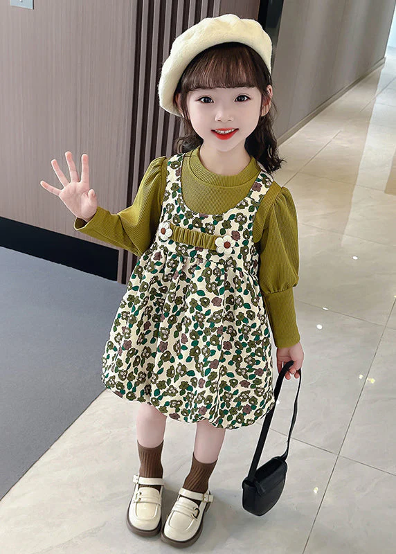 New Green Print Tops And Dress Cotton Girls Two Pieces Set Long Sleeve - Image 3
