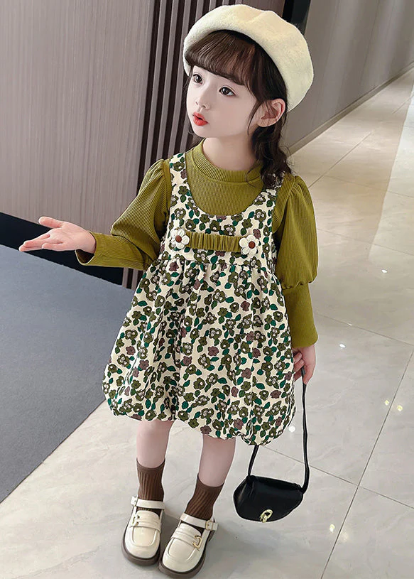 New Green Print Tops And Dress Cotton Girls Two Pieces Set Long Sleeve - Image 4