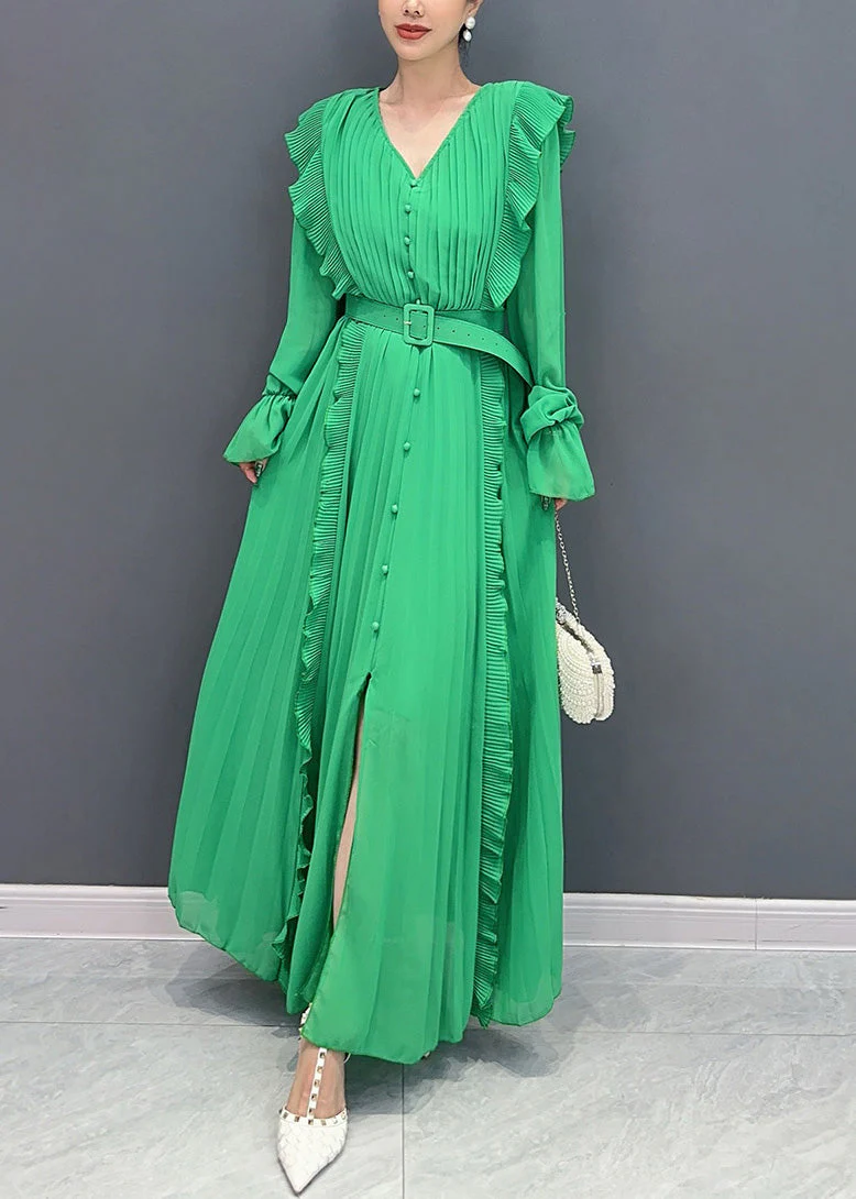 New Green Ruffled Button Sashes Chiffon Dress Long Sleeve - Image 2
