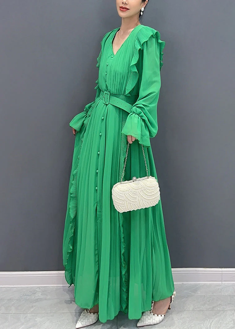 New Green Ruffled Button Sashes Chiffon Dress Long Sleeve - Image 4