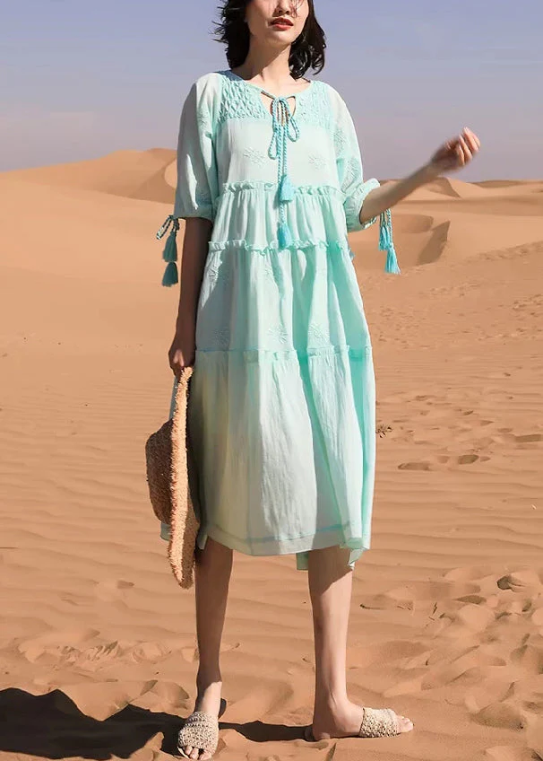 New Green Ruffled Lace Up Cotton Long Dresses Half Sleeve - Image 2