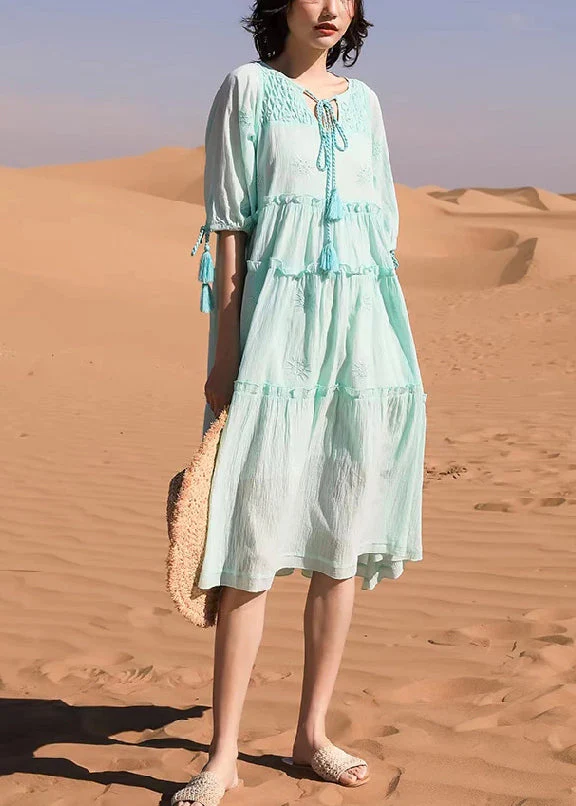 New Green Ruffled Lace Up Cotton Long Dresses Half Sleeve - Image 3