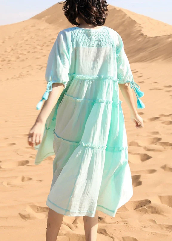 New Green Ruffled Lace Up Cotton Long Dresses Half Sleeve - Image 4