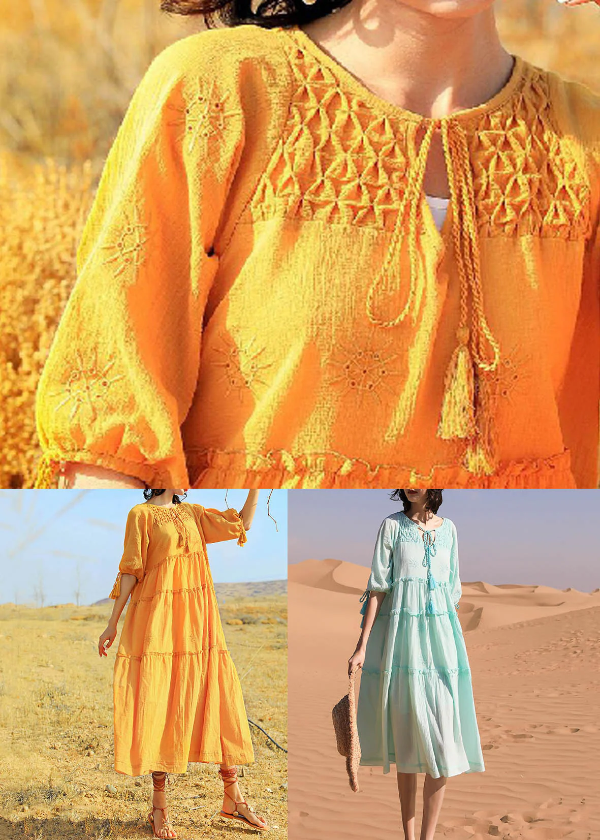 New Green Ruffled Lace Up Cotton Long Dresses Half Sleeve - Image 5