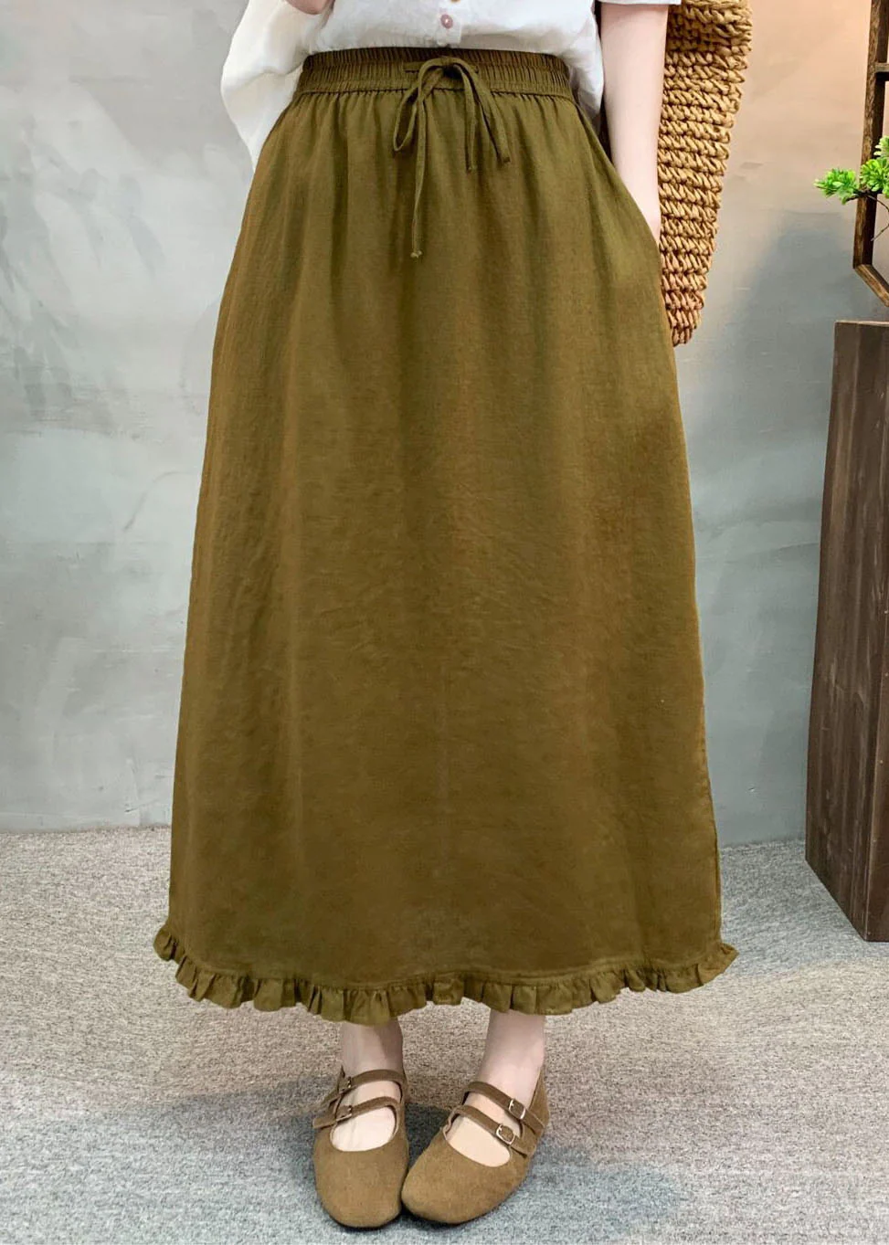 New Green Ruffled Patchwork Elastic Waist Linen Skirt Summer - Image 4