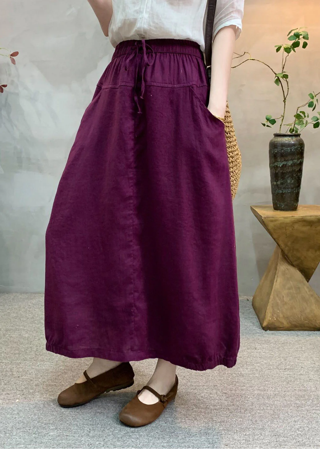New Green Ruffled Patchwork Elastic Waist Linen Skirt Summer - Image 5