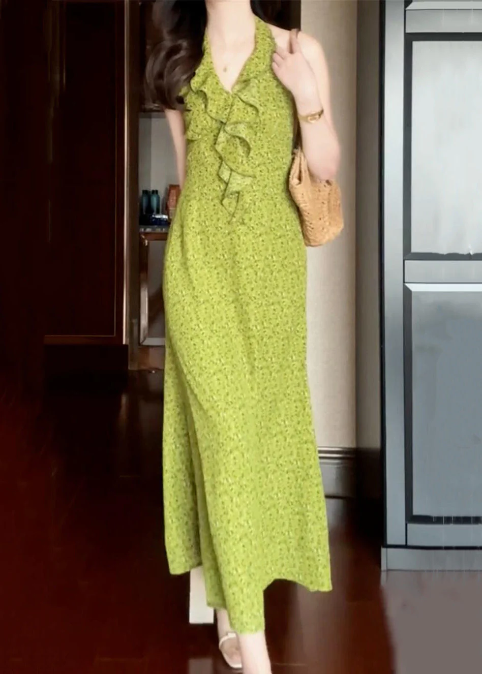 New Green Ruffled Print Cotton Long Dress Sleeveless - Image 2