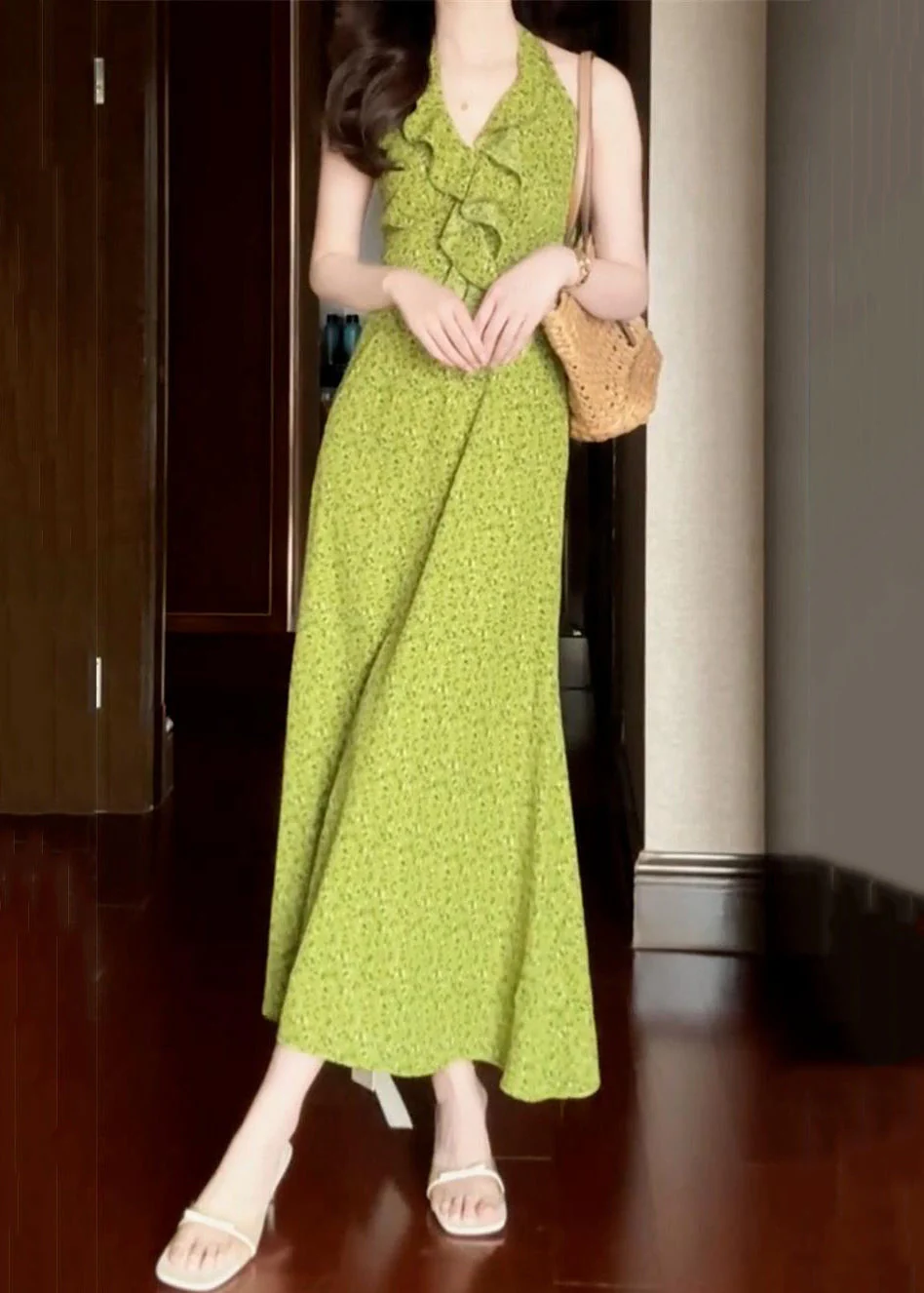 New Green Ruffled Print Cotton Long Dress Sleeveless - Image 3