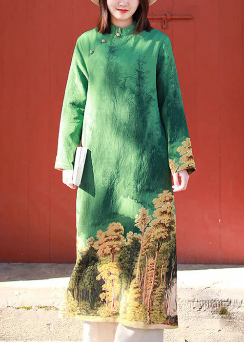 New Green Stand Collar Button Print Cotton Long Dress Spring - Image 2