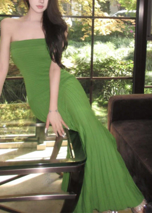New Green Strapless Wrinkled knitting Cotton Long Dresses Sleeveless - Image 2
