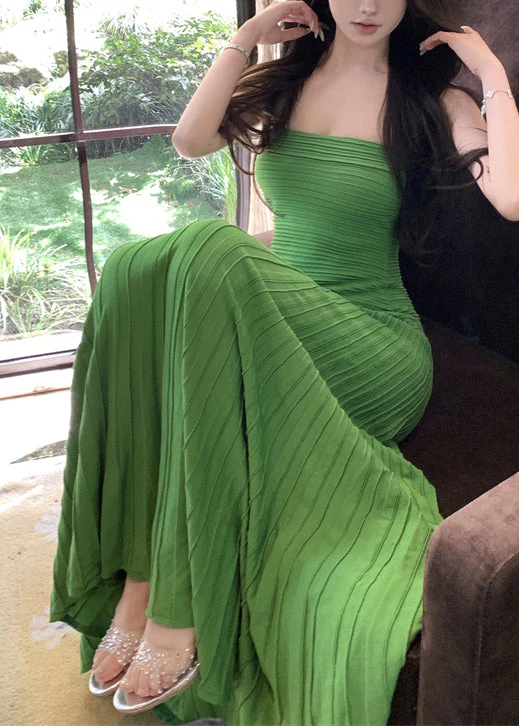 New Green Strapless Wrinkled knitting Cotton Long Dresses Sleeveless - Image 3