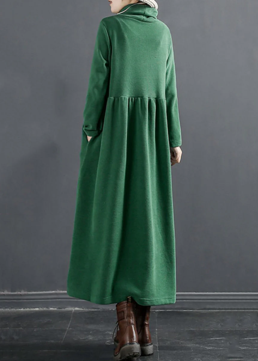 New Green Turtleneck Lace Up Cotton Knit Maxi Dresses Winter - Image 4