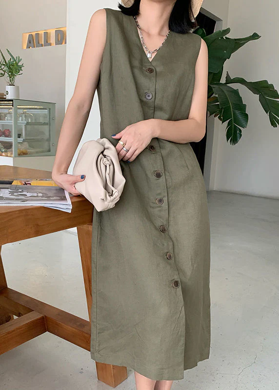 New Green V Neck Button Pockets Linen Dresses Sleeveless - Image 2