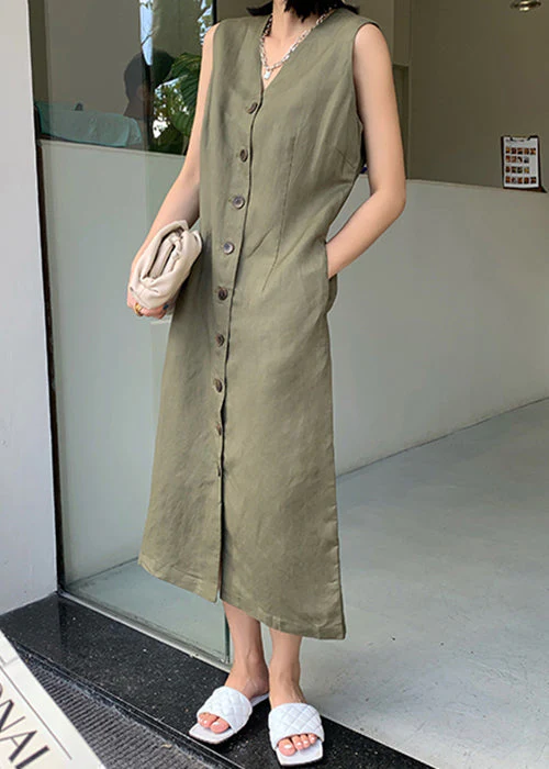 New Green V Neck Button Pockets Linen Dresses Sleeveless - Image 3