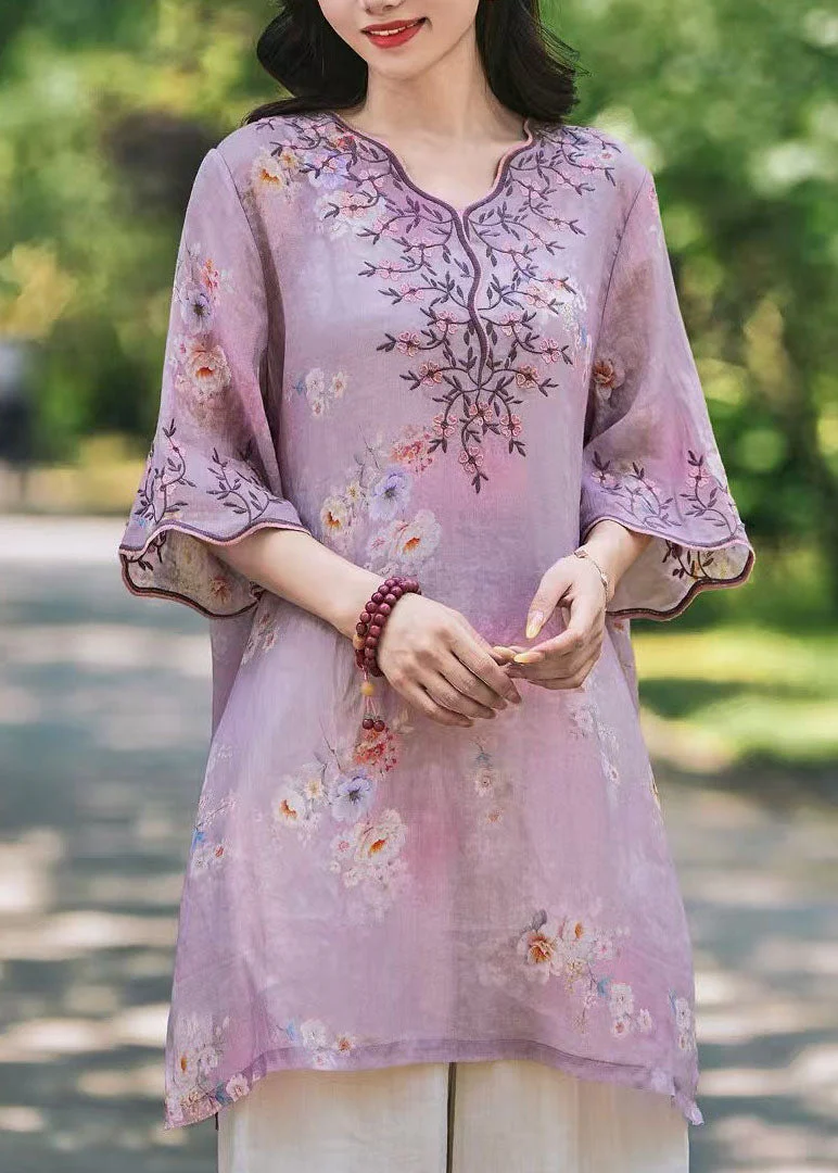 New Green V Neck Embroidered Print Linen Shirts Top Summer - Image 3