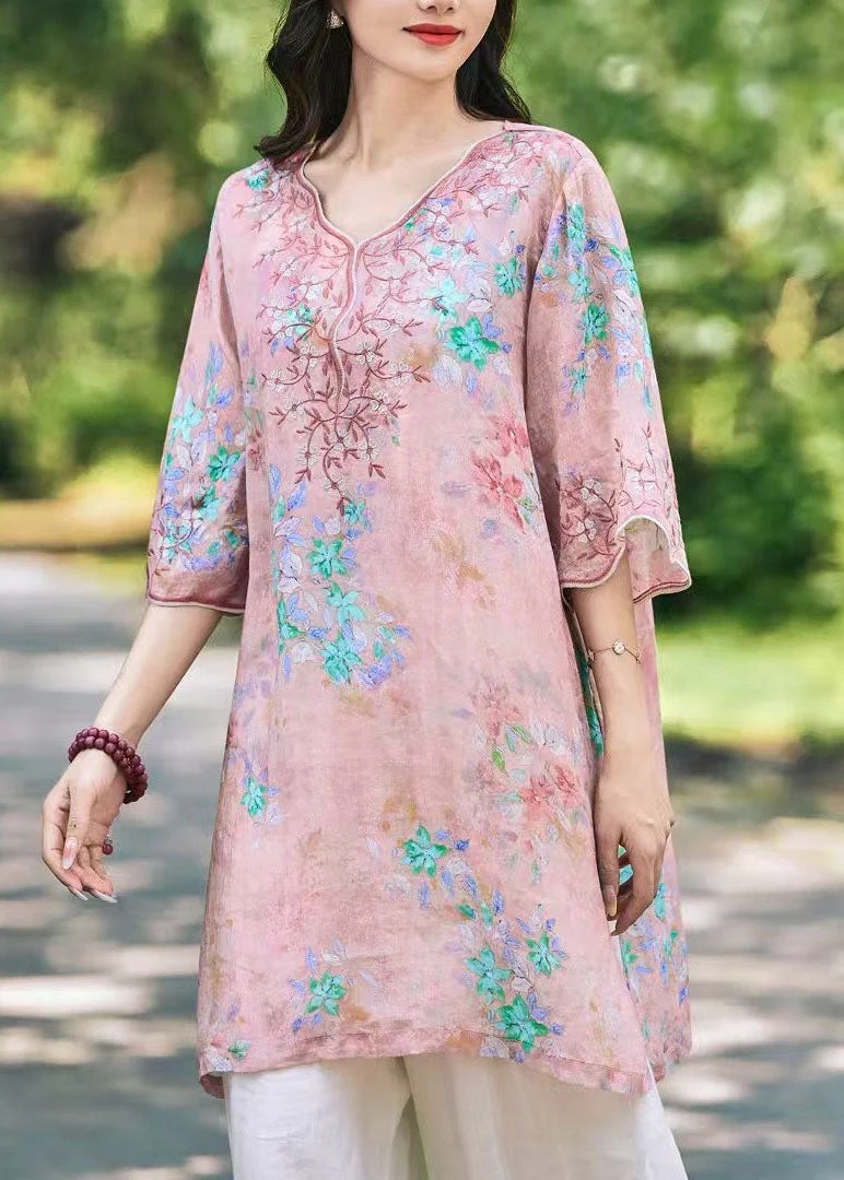 New Green V Neck Embroidered Print Linen Shirts Top Summer - Image 4