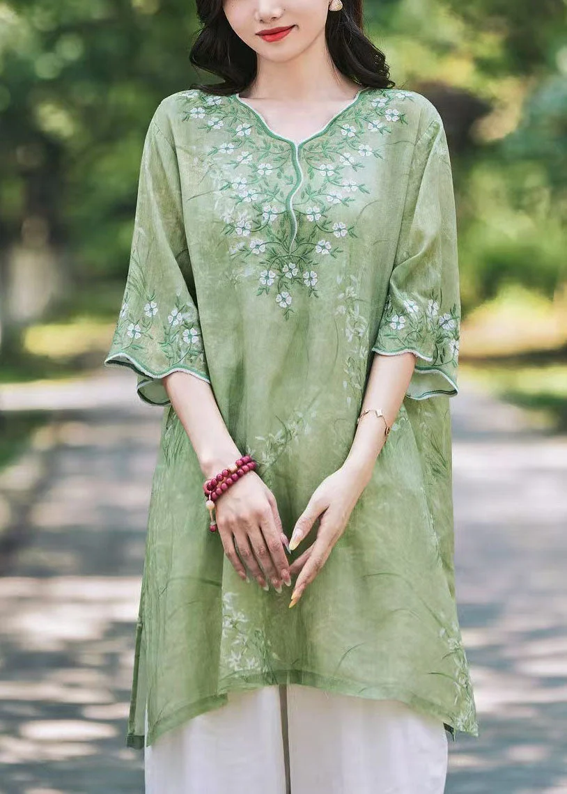 New Green V Neck Embroidered Print Linen Shirts Top Summer - Image 5