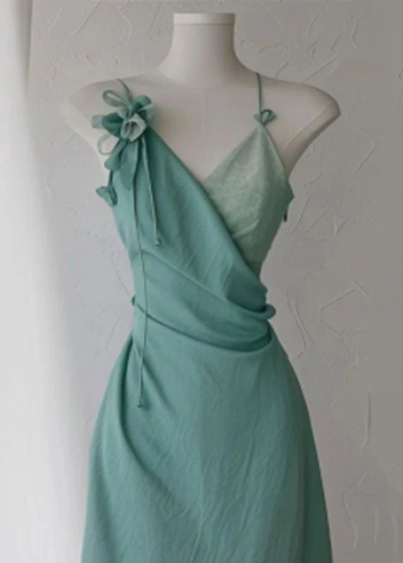 New Green V Neck High Waist Cotton Spaghetti Strap Dress Sleeveless - Image 3