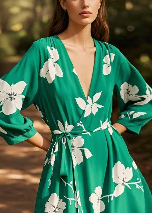 New Green V Neck Print Lace Up Chiffon Dress Spring - Image 3