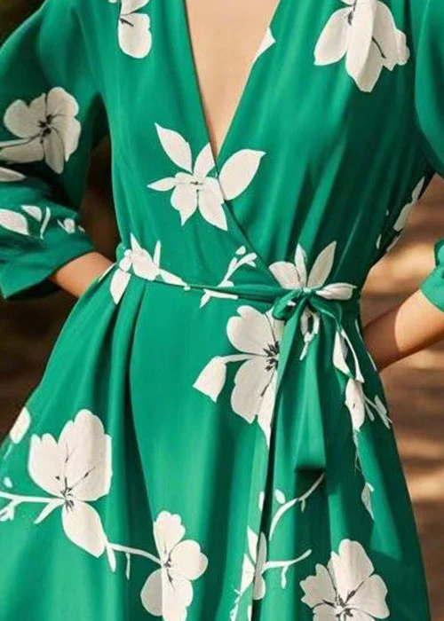 New Green V Neck Print Lace Up Chiffon Dress Spring - Image 4