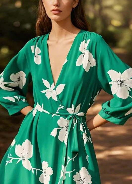 New Green V Neck Print Lace Up Chiffon Dress Spring - Image 5
