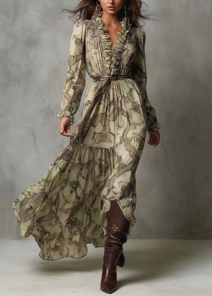 New Green V Neck Ruffled Patchwork Chiffon Long Dresses Summer