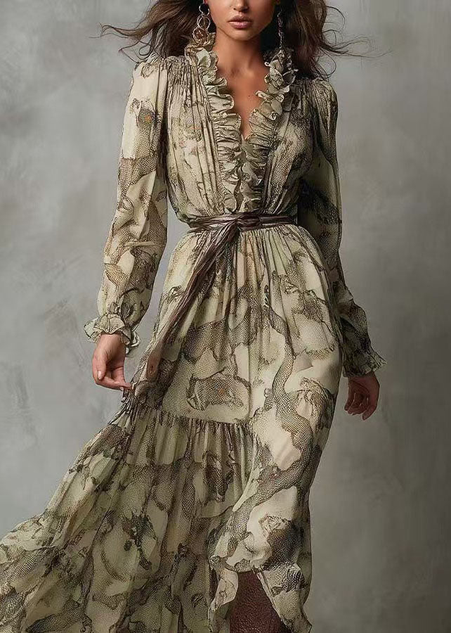 New Green V Neck Ruffled Patchwork Chiffon Long Dresses Summer - Image 2
