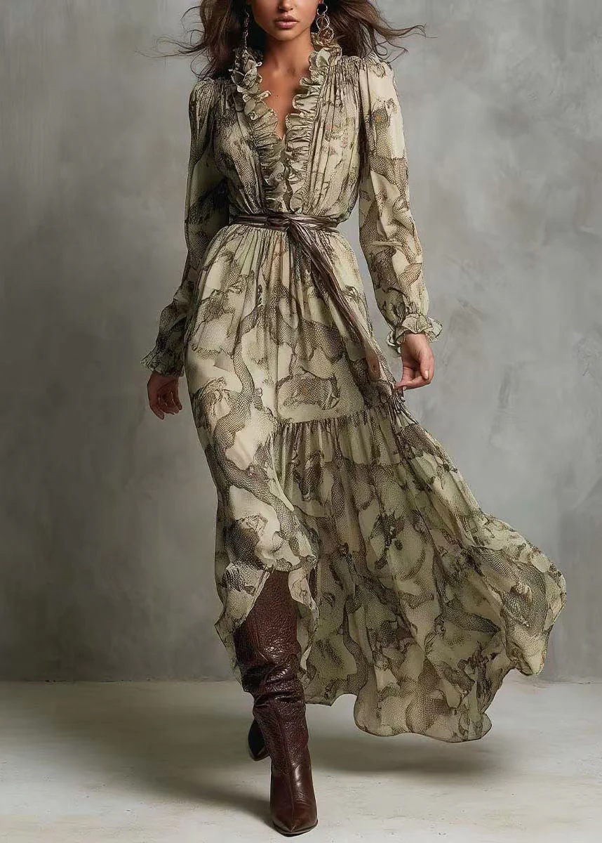 New Green V Neck Ruffled Patchwork Chiffon Long Dresses Summer - Image 3