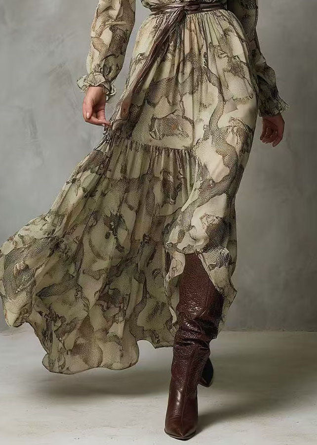 New Green V Neck Ruffled Patchwork Chiffon Long Dresses Summer - Image 4