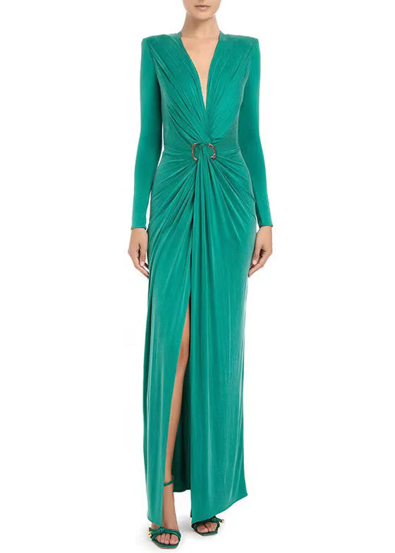 New Green V Neck Wrinkled Front Open Cotton Long Dresses Spring - Image 5