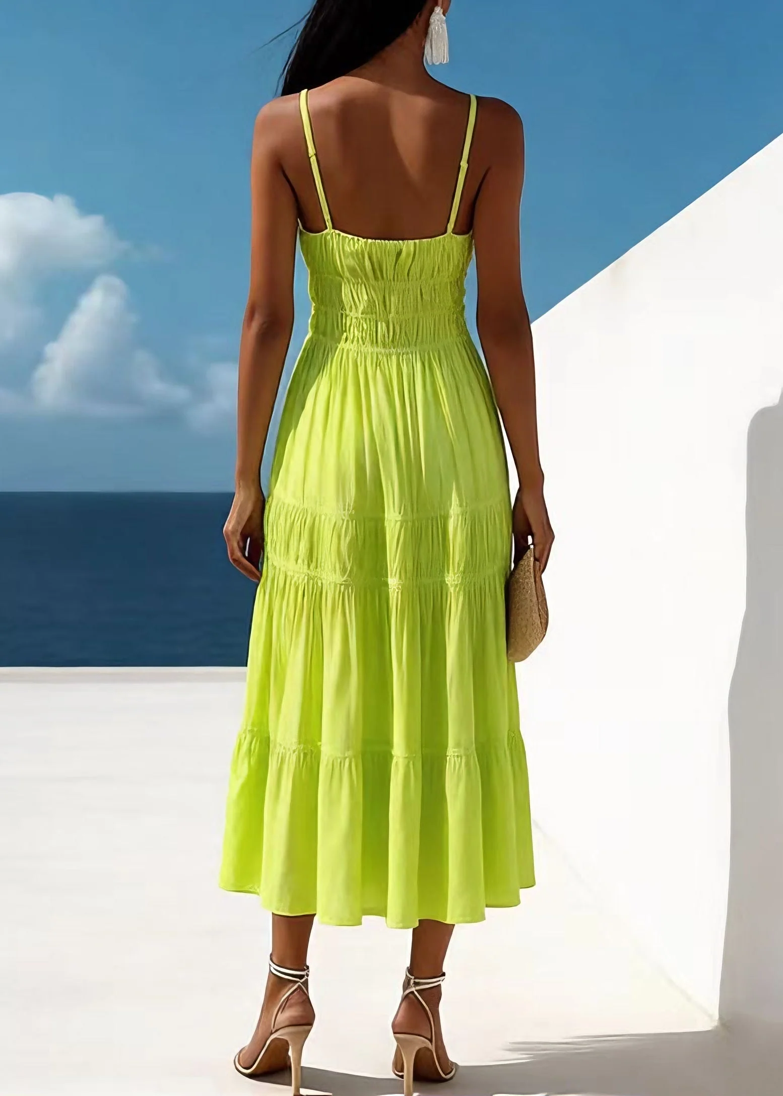 New Green V Neck Wrinkled Patchwork Cotton Dresses Summer - Image 2