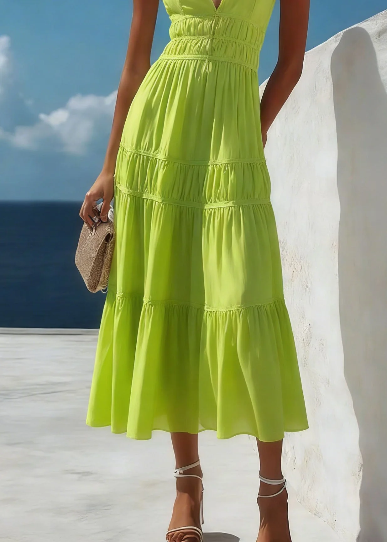 New Green V Neck Wrinkled Patchwork Cotton Dresses Summer - Image 4