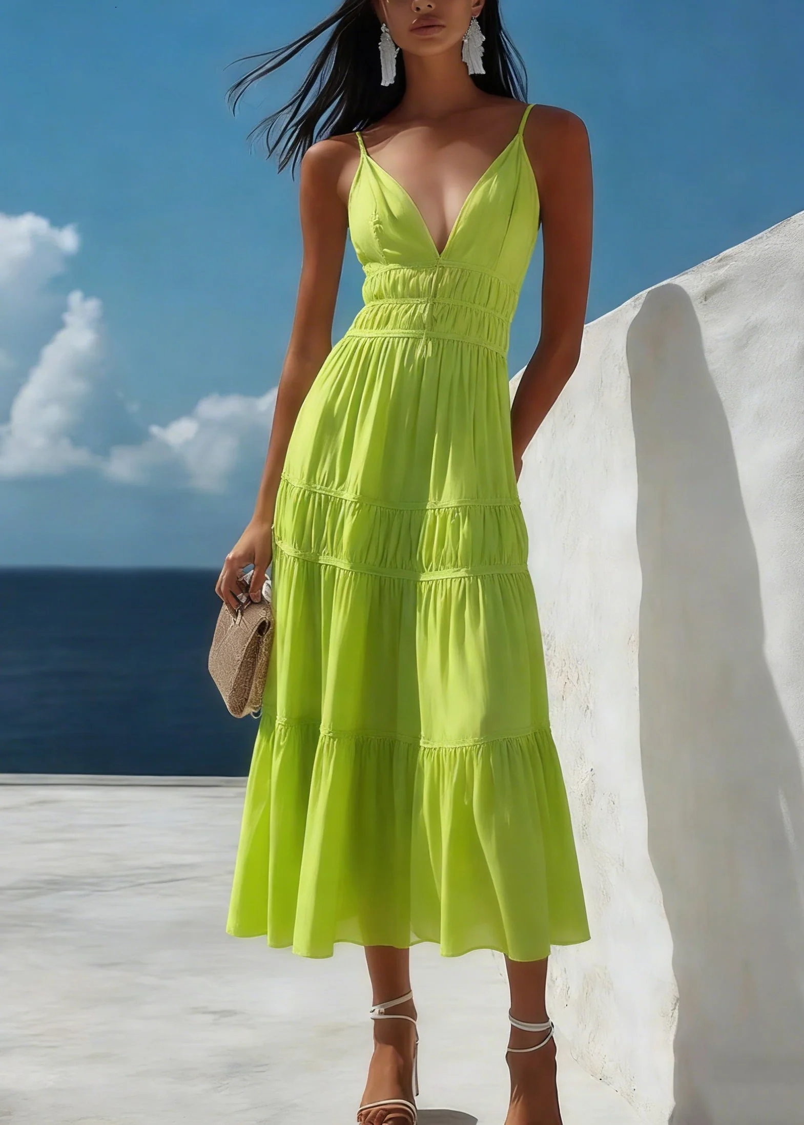 New Green V Neck Wrinkled Patchwork Cotton Dresses Summer - Image 5